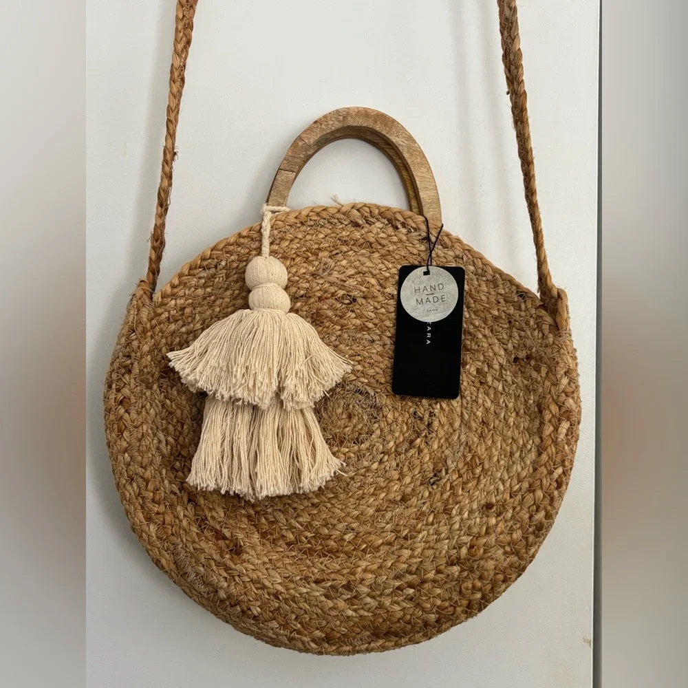 NWT ZARA Raffia Round Straw Basket Bag with Tassel - Picture 5 of 8